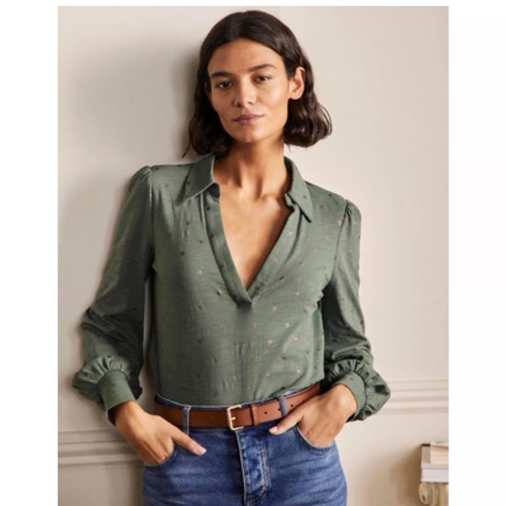 Boden Sage Green Blouse with Puff Sleeves Sz 2